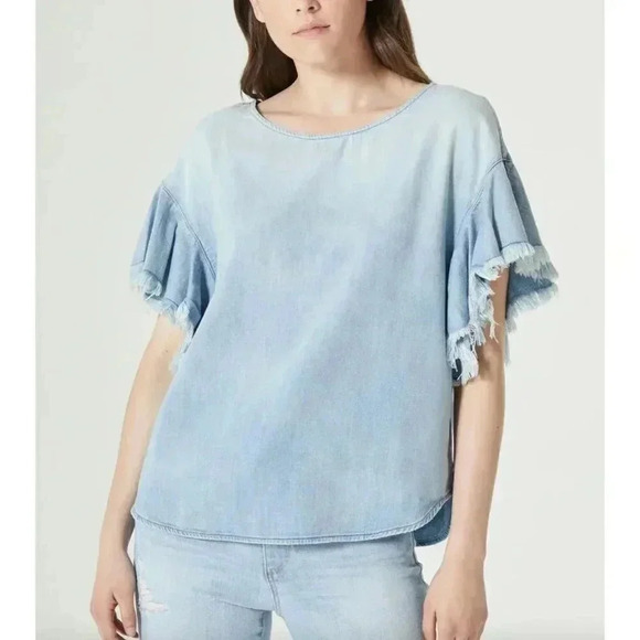 Ag Adriano Goldschmied Tops - AG Adriano Goldschmied Women's Blue Shannon Denim Ruffle Shirt Top Size S